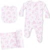 Puppy Toile Pink, 2 Way Ruffle Back Zipper Footie with Bandana Bib, and Swaddle Blanket Set - Footie Pajamas - 1 - thumbnail