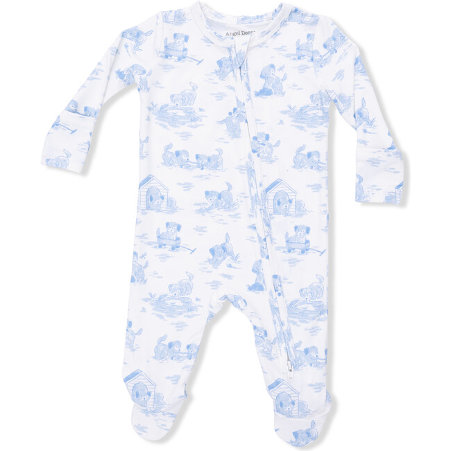 Puppy Toile Blue, 2 Way Zipper Footie - Footie Pajamas - 3