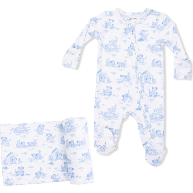 Puppy Toile Blue, 2 Way Zipper Footie & Swaddle Blanket Set