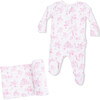 Puppy Toile Pink, 2 Way Ruffle Back Zipper Footie & Swaddle Blanket Set - Footie Pajamas - 1 - thumbnail