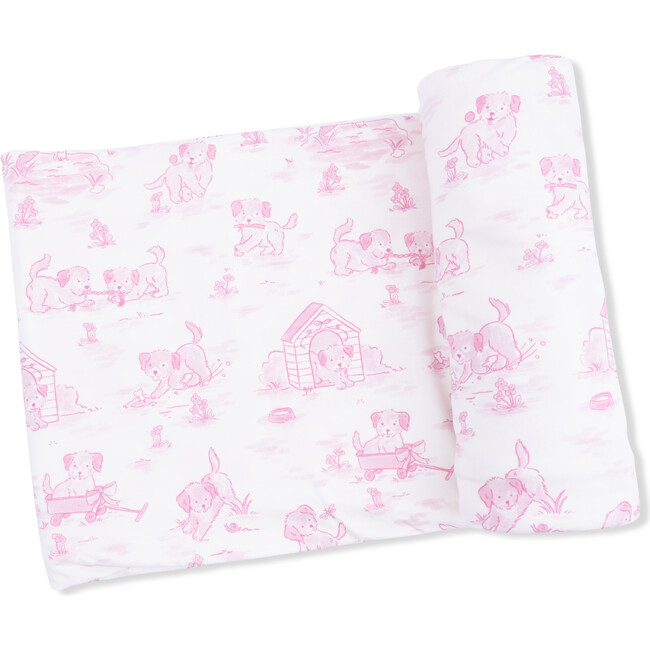 Puppy Toile Pink, 2 Way Ruffle Back Zipper Footie & Swaddle Blanket Set