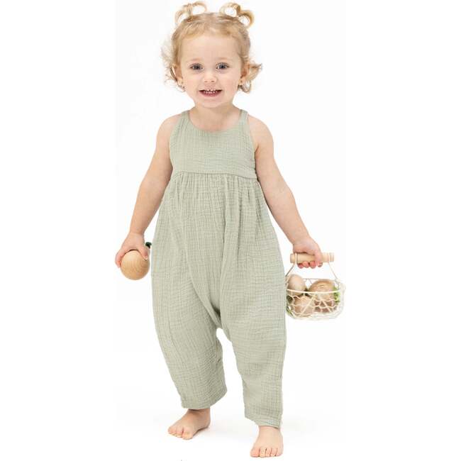 Solid Muslin Desert Green, Tie Back Romper