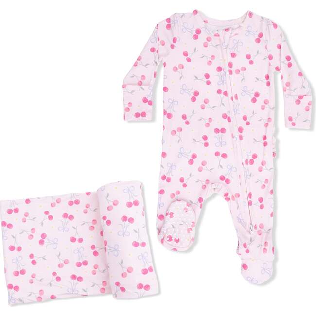Sweet Bow Cherries, 2 Way Ruffle Back Zipper Footie & Swaddle Blanket Set