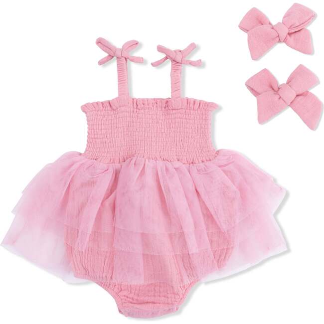 Solid Muslin Poignant Pink, Tutu Bubble & 2 Pack Bow Clips Set