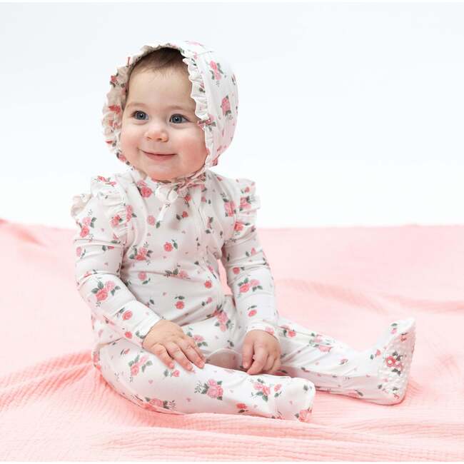 Pink Rosettes, 2 Way Ruffle Sleeve Zipper Footie