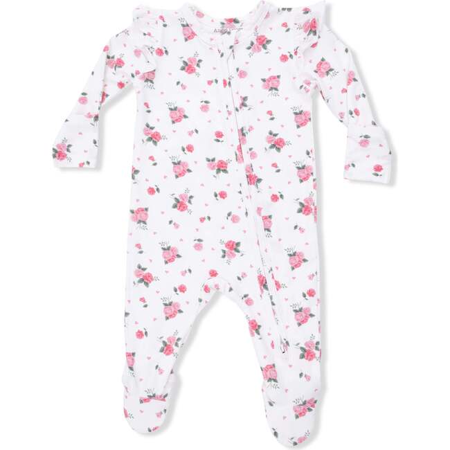 Pink Rosettes, 2 Way Ruffle Sleeve Zipper Footie - Footie Pajamas - 3