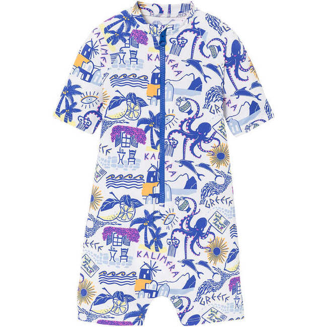 Baby Boys Paros Surfer UPF50+ Short Sleeve Swimsuit, Greek Pattern - One Pieces - 1