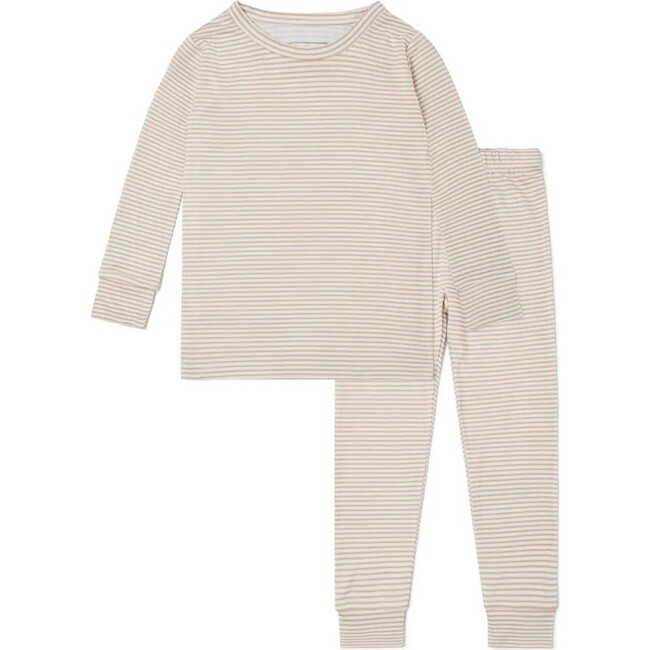 Oatmeal Stripe Bamboo Kids Pajama Set, Beige and White Stripe