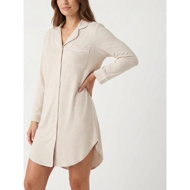 Oatmeal Stripe Bamboo Women's Sleepshirt, Beige and White Stripe
