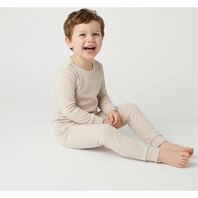 Oatmeal Stripe Bamboo Kids Pajama Set, Beige and White Stripe - Pajamas - 5