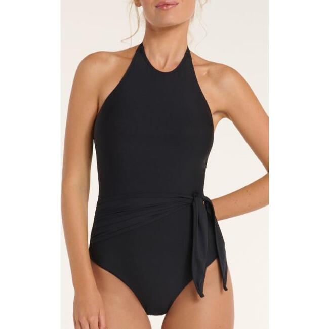 Genevieve High Halter Neck Sash Tie One-Piece Swimsuit