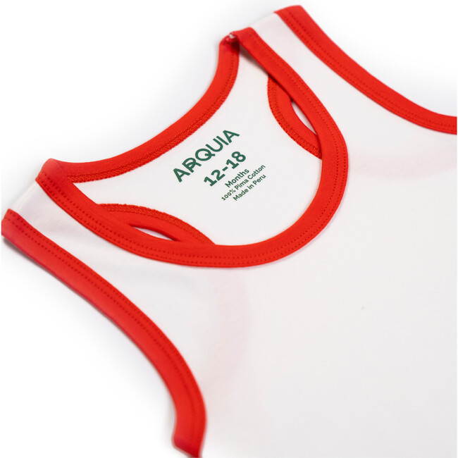 Cotton Romper, White with Engine Red