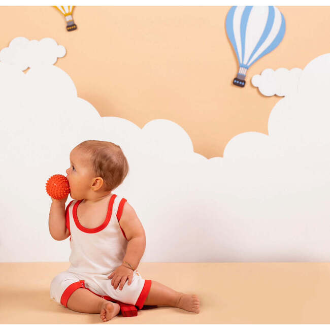 Cotton Romper, White with Engine Red - Rompers - 4