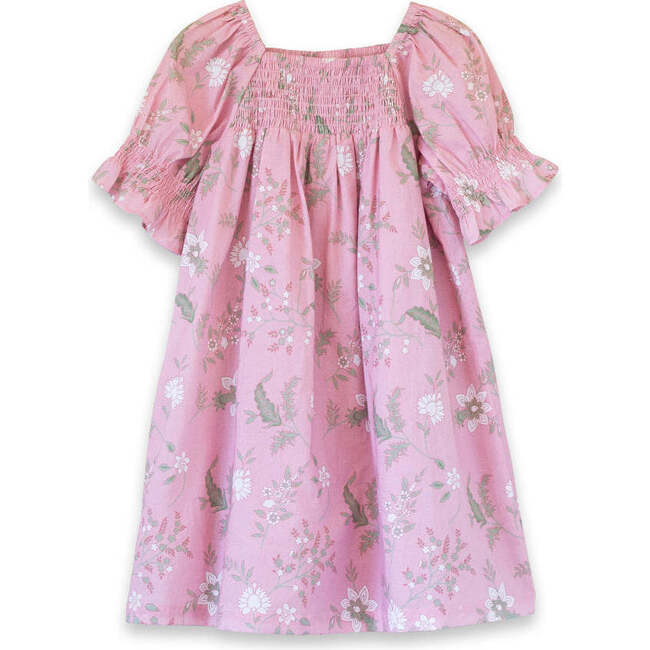 Girls Olivia Dress with Smocking, Pink and Green Fern