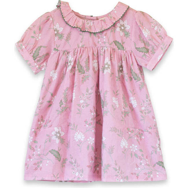 Toddler Emily Dress with Lace trim, Pink and Green Fern