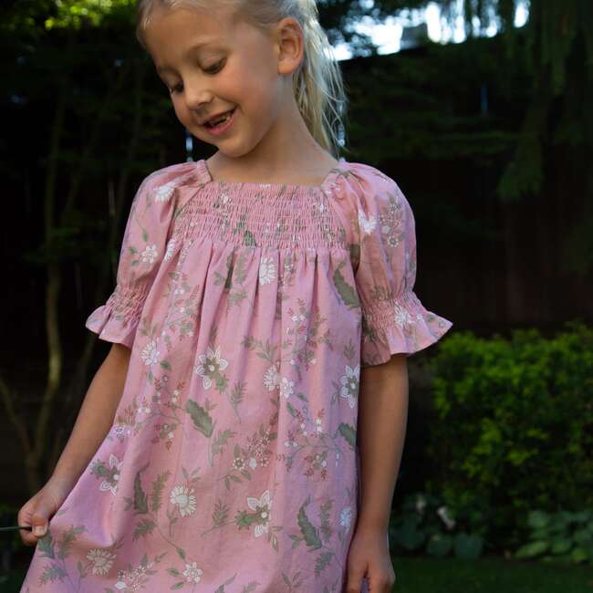 Girls Olivia Dress with Smocking, Pink and Green Fern