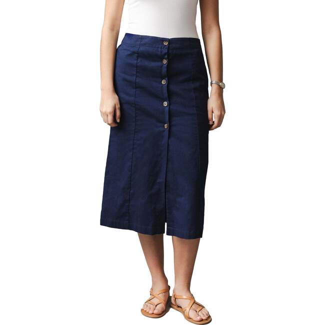 Linen Button Front Skirt, Navy Linen