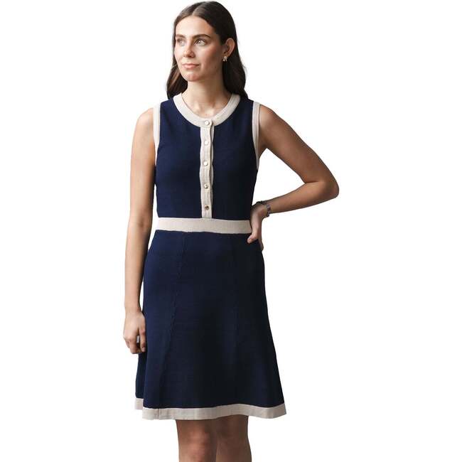 Organic Sleeveless Button Front Sweater Dress, Navy Tweed