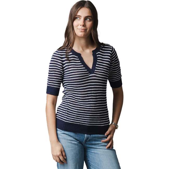 Organic V-Neck Short Sleeve Sweater, Navy and White