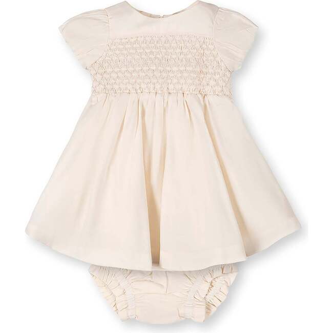 Organic Smocked Puff Sleeve Dress, Natural with Pink
