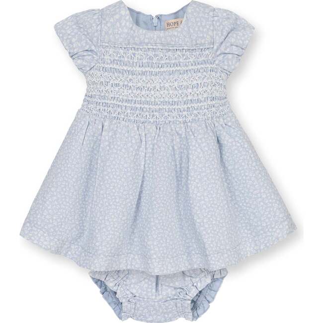 Linen Smocked Puff Sleeve Dress, Blue Chateau Ditsy