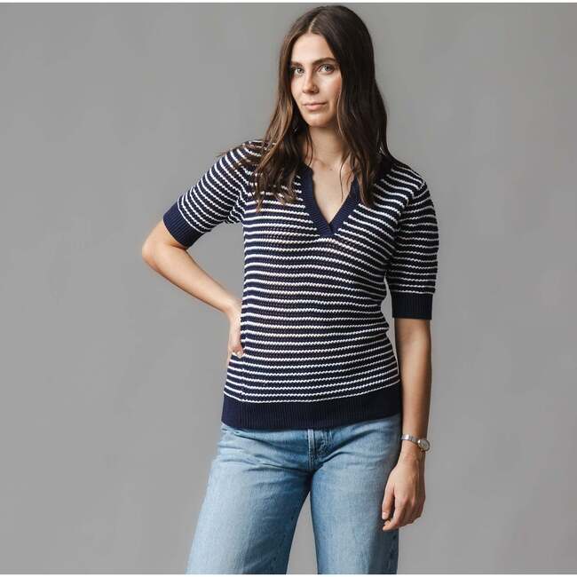 Organic V-Neck Short Sleeve Sweater, Navy and White - Sweaters - 3
