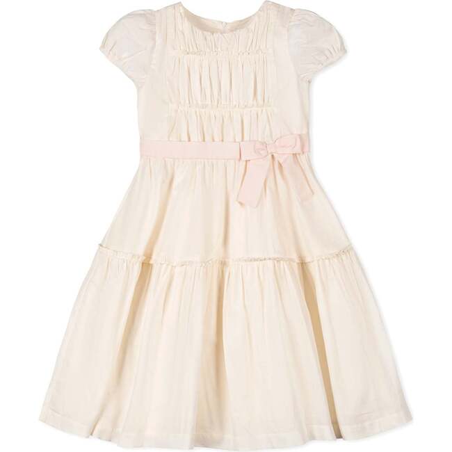 Organic Puff Sleeve Tiered Party Dress, Natural with Pink