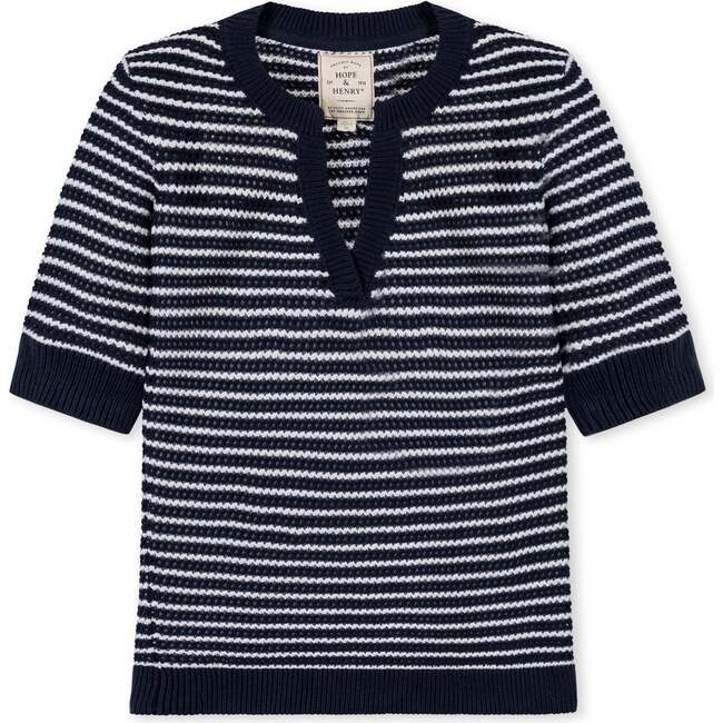 Organic V-Neck Short Sleeve Sweater, Navy and White - Sweaters - 4