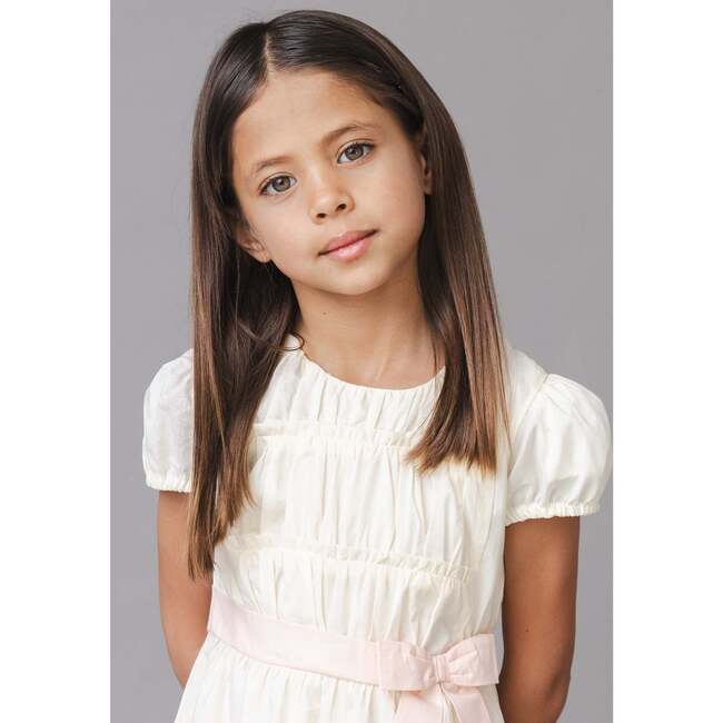 Organic Puff Sleeve Tiered Party Dress, Natural with Pink