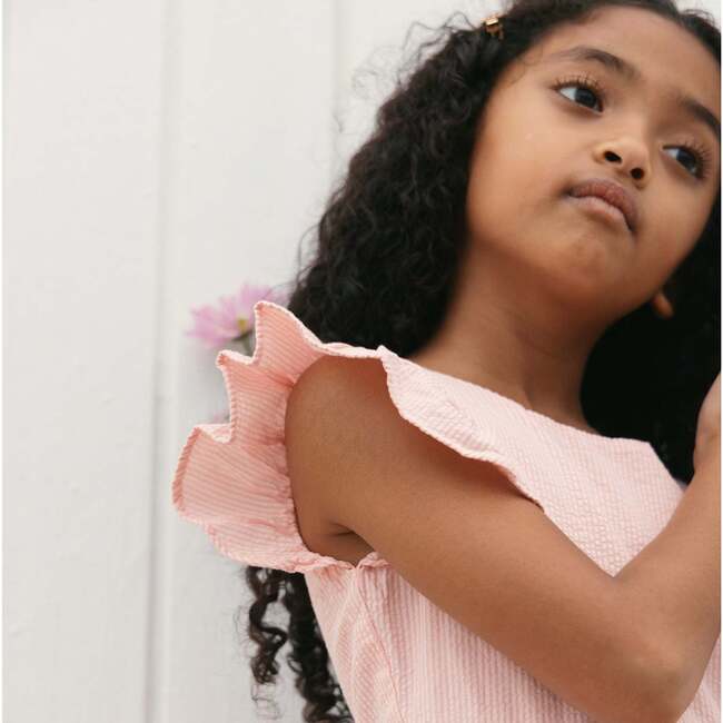 Organic Seersucker Ruffle Sleeve Peplum Dress, Tonal Rose Seersucker