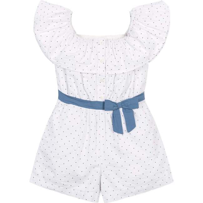 Organic Ruffle Collar Button Front Seersucker Romper, Delft Dot Seersucker