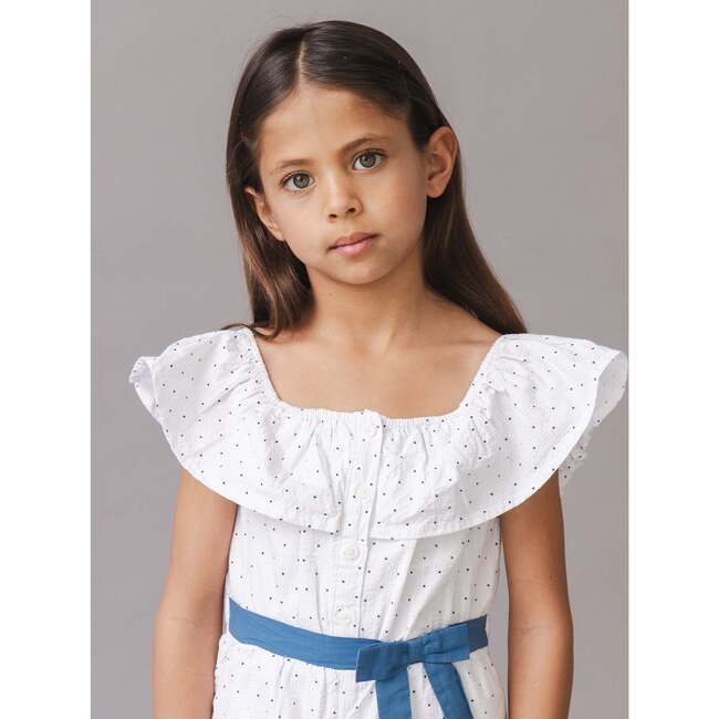 Organic Ruffle Collar Button Front Seersucker Romper, Delft Dot Seersucker