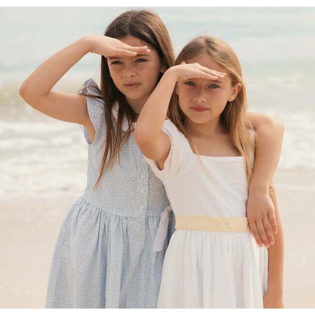 Ruffle Sleeve Linen Dress with Peter Pan Collar, Blue Chateau Ditsy