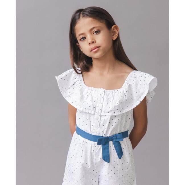 Organic Ruffle Collar Button Front Seersucker Romper, Delft Dot Seersucker - Rompers - 3