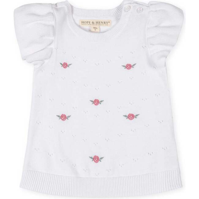 Organic Ruffle Sleeve Pointelle Sweater, White Pointelle