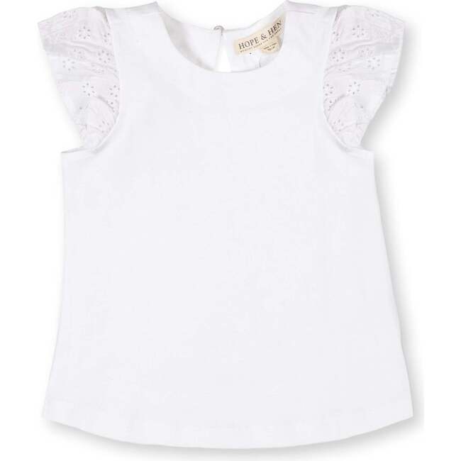 Organic Knit Top with Eyelet Flutter Sleeves, White with Eyelet