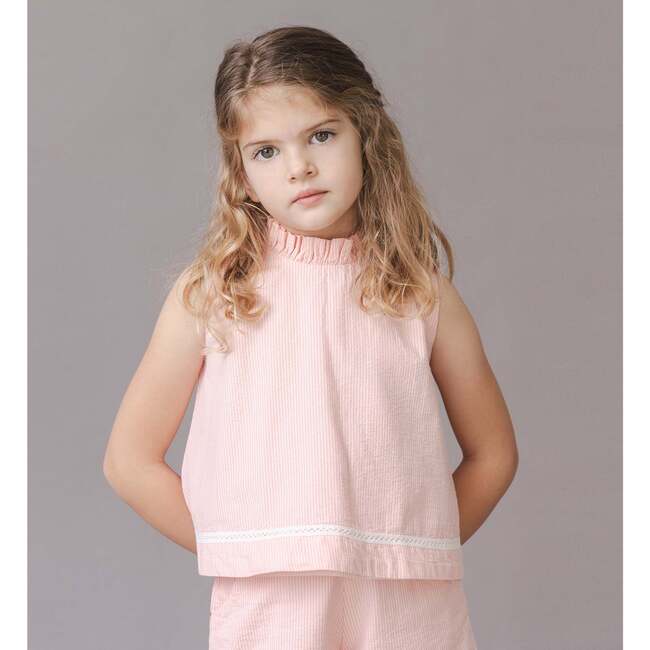 Organic Ruffle Neck Seersucker Top, Tonal Rose Seersucker