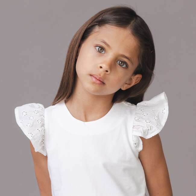 Organic Knit Top with Eyelet Flutter Sleeves, White with Eyelet