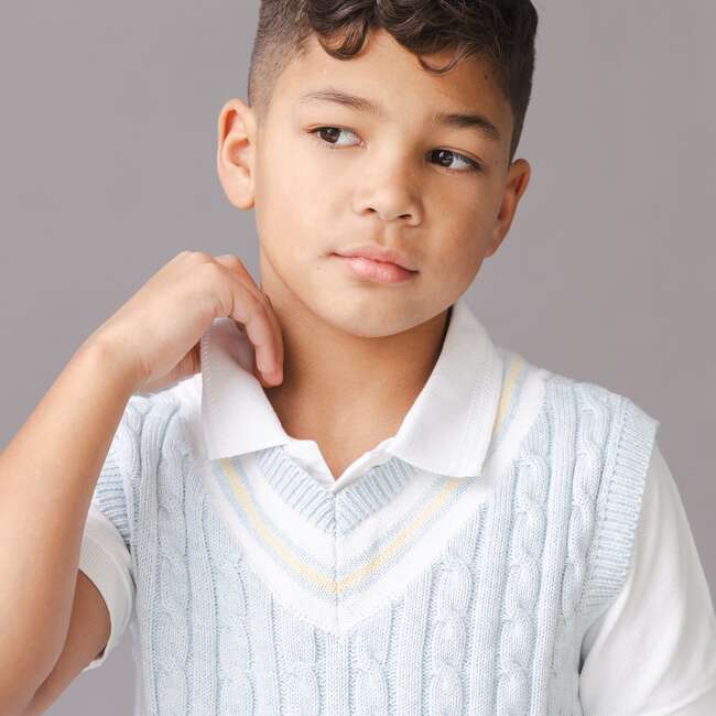 Organic V-Neck Cricket Sweater Vest, Light Blue Heather Cable