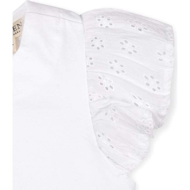 Organic Knit Top with Eyelet Flutter Sleeves, White with Eyelet - T-Shirts - 4