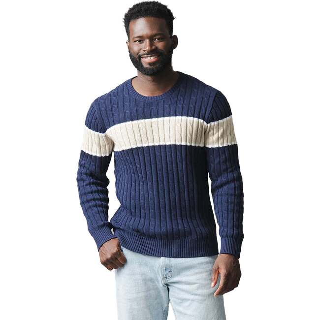 Organic Crew Neck Cable Sweater, Navy Chest Stripe