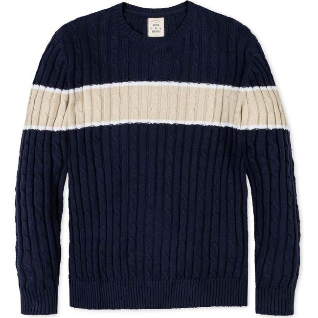 Organic Crew Neck Cable Sweater, Navy Chest Stripe - Sweaters - 4