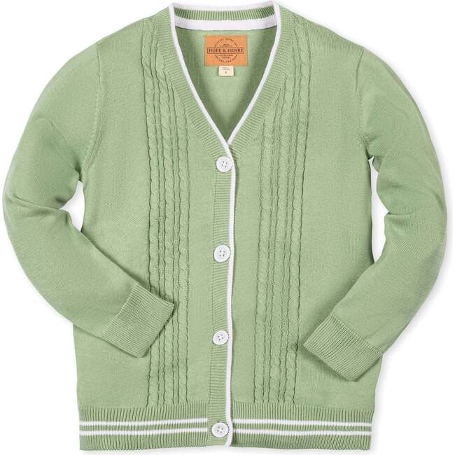 Organic Cable Cardigan Sweater with Tipping, Soft Green
