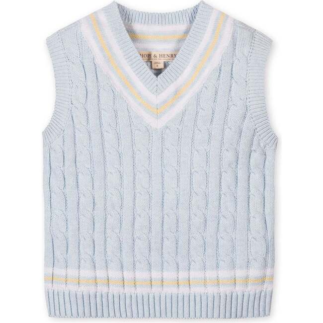 Organic V-Neck Cricket Sweater Vest, Light Blue Heather Cable