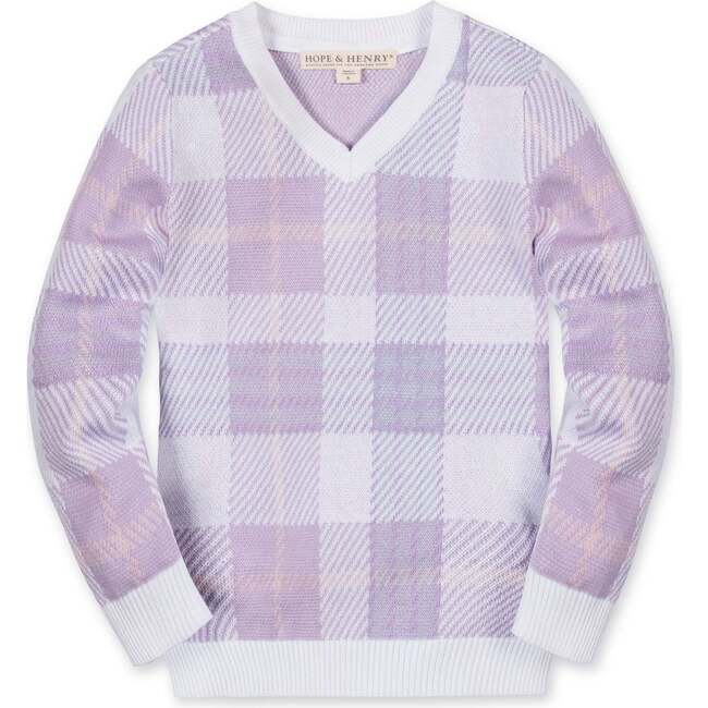 Organic Long Sleeve V-Neck Intarsia Sweater, Monet Plaid Intarsia