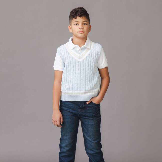 Organic V-Neck Cricket Sweater Vest, Light Blue Heather Cable - Vests - 3