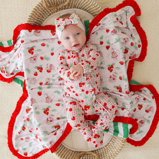 Sweet Strawberries Footie Ruffled Zippered One Piece Red