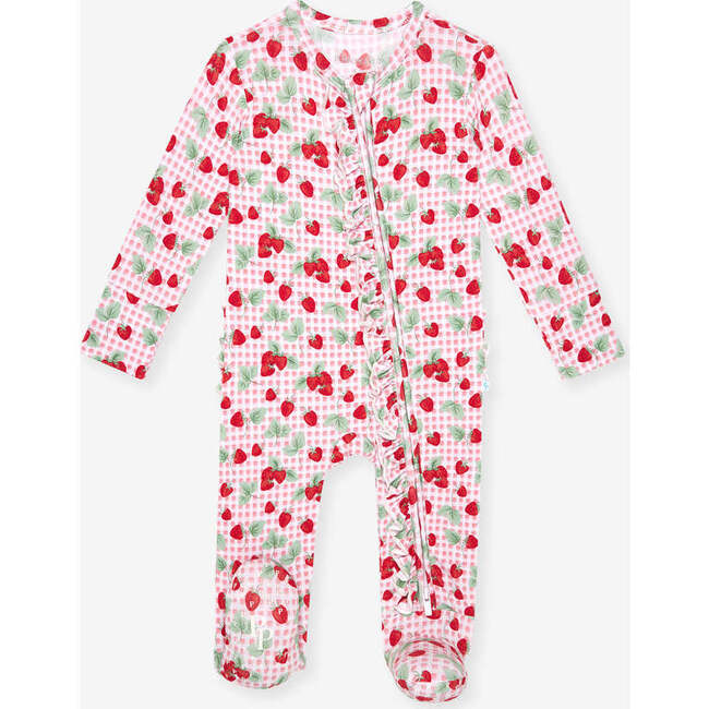 Sweet Strawberries Footie Ruffled Zippered One Piece Red - Rompers - 4