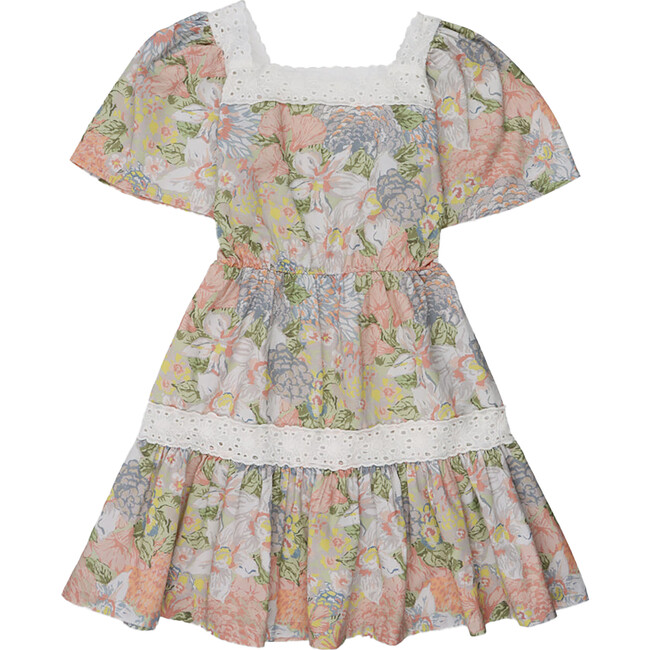 Silver Floral Print Lace Trim Dress, Multicolors - Dresses - 1