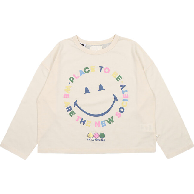 Happy Place Round Neck Long Sleeve T-Shirt, Vanilla Cream - T-Shirts - 1